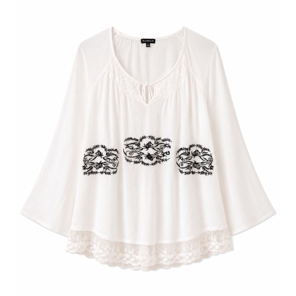 Hannah Womens Ivory Embroidered Boho Peasant Blouse Top Lace Hem XL